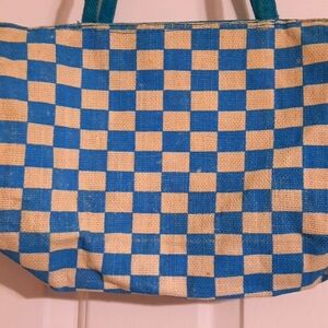 Y2k checkered teal and beige purse burlap texture shoulder bag